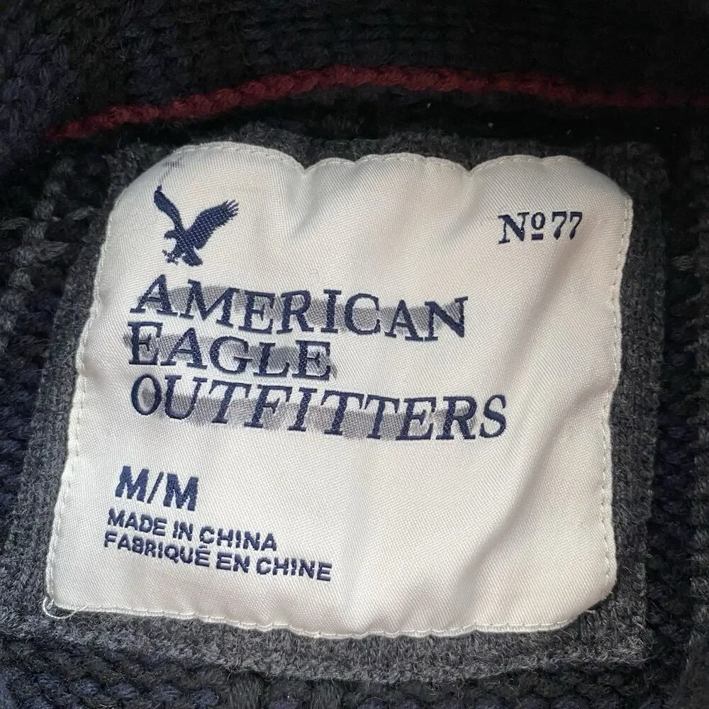 Y2K American Eagle Cardigan Sweater Vintage Chunky Medium Plaid Wool Cotton